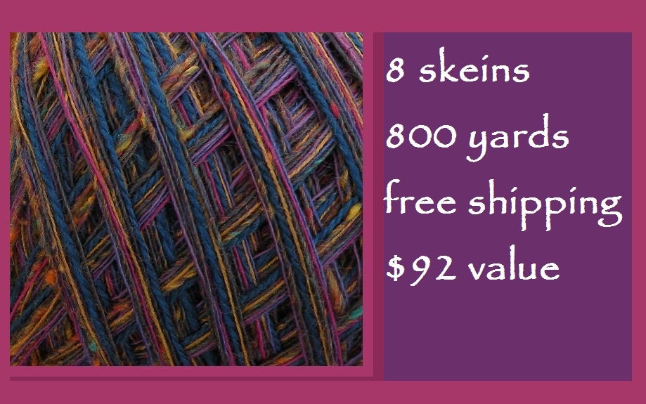 Yarn lot: 800 yards Grapevine wool blend yarn purple violet blue magenta pink gold green, worsted yards