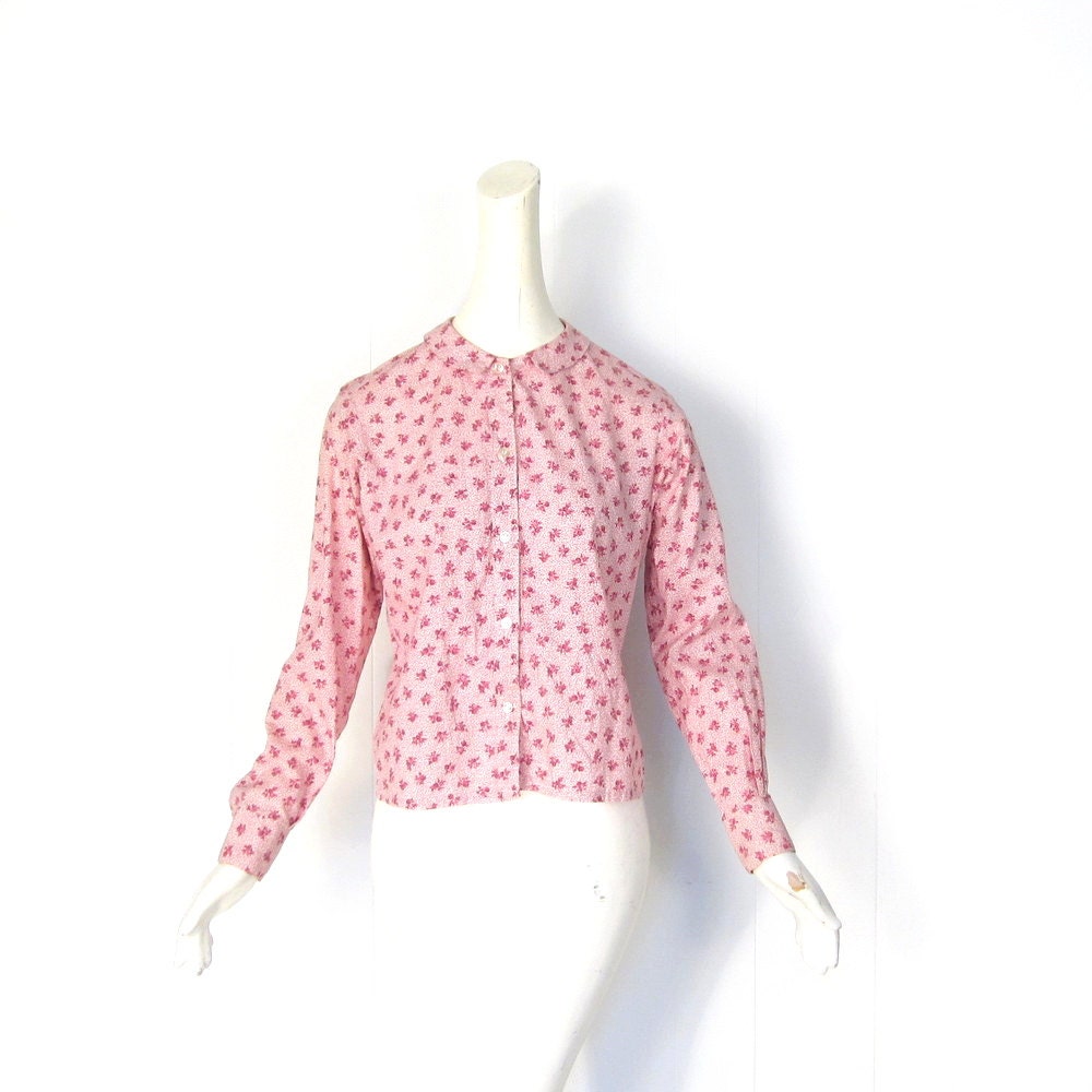 Vintage 60s Blouse / Peter Pan Collar / 1960s Blouse / Rose Trellis / Medium M