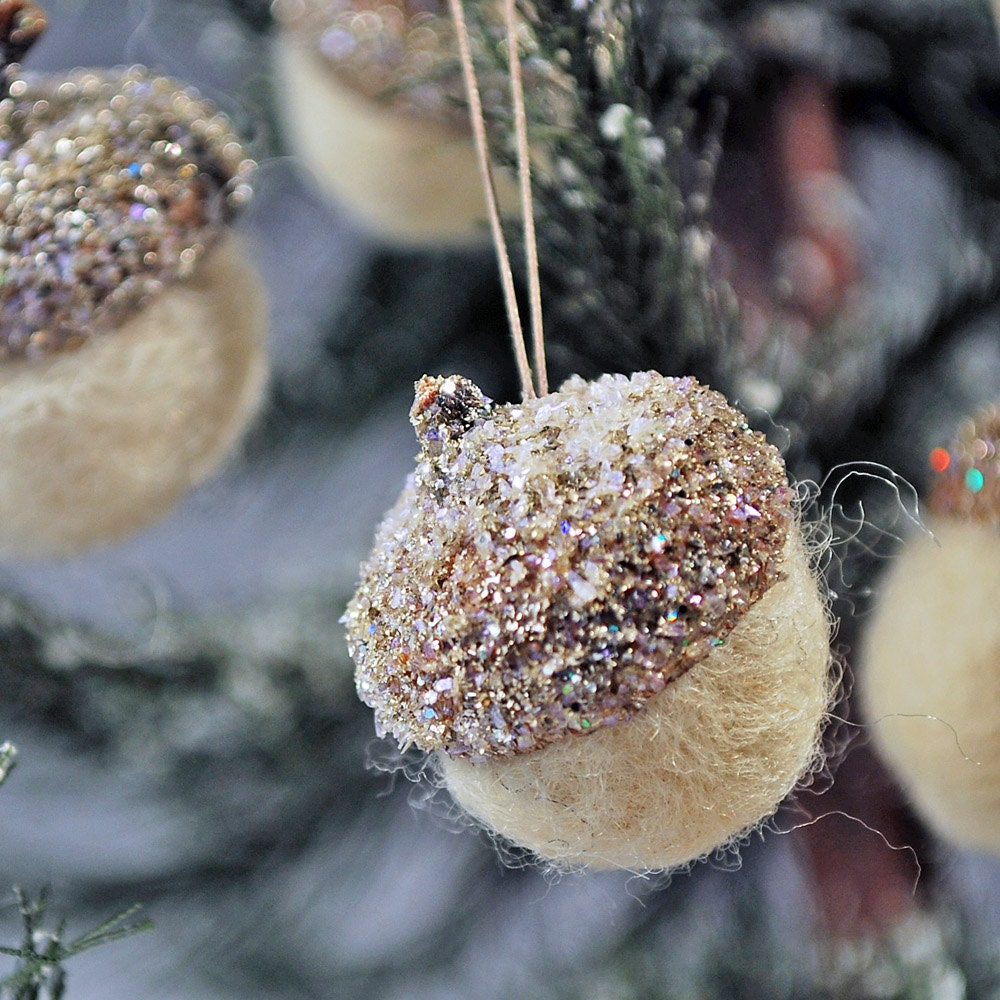Five felted and glittered acorn Christmas ornaments Tree decorations Icy Silver