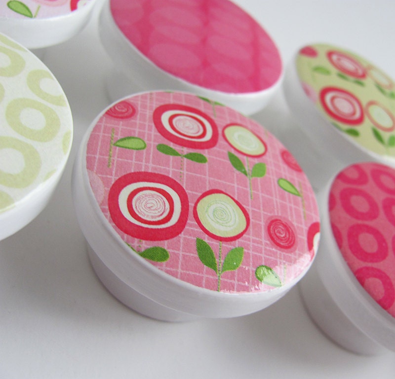 Pink and Lime Green Flower Knobs- Girl's Room Drawer Knobs, Light Pink, Hot Pink, Kiwi Lime, Polka Dots- Wood Knobs- 1 1/2 Inches - Set of 8
