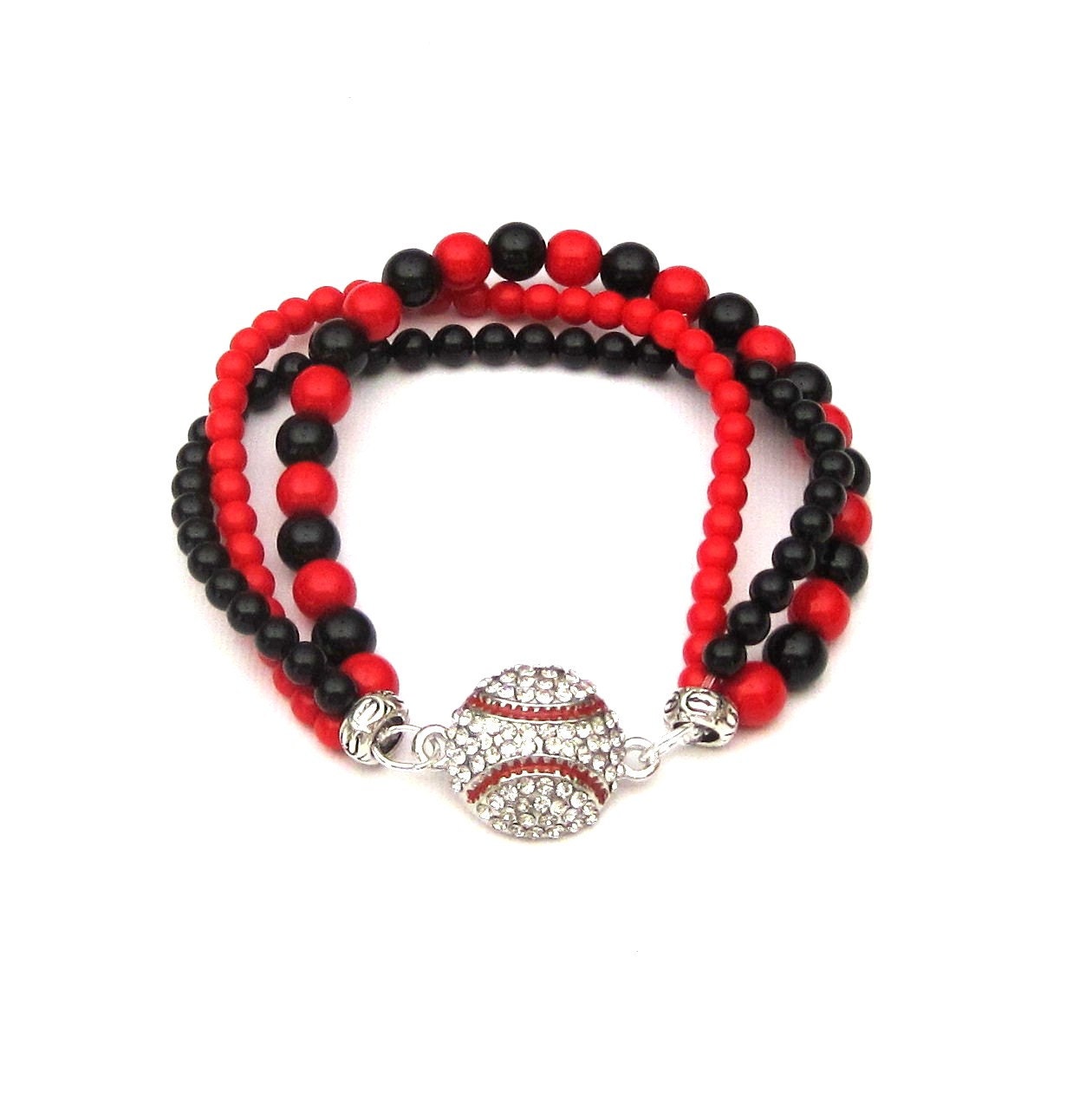 Custom Rhinestone Baseball Triple Strand Stretch Stack Bracelet with Swarovski Pearls and Czech Glass Beads You Choose Colors gameday chic