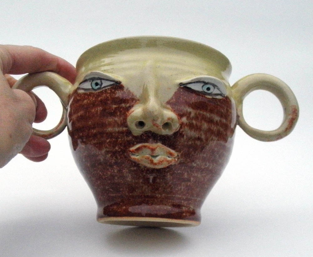 Face Mug- Double Handle Ceramic Rusty Shino and Hot Butter Yellow- Folk Fantasy- (was 53)