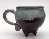Mug- Walking Footed Mug, in Sea Green and Dark Chocolate- Spiral Handle, Jumbo Stoneware- Elegant