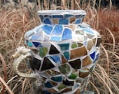 Mosaic Urn, Seahorse Mermaid Handles- Large Ceramic on Glass- Atlantis