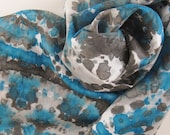 Silk Infinity Scarf - Hand Painted Ladies Circle Scarves Black White Gray Grey Teal Turquoise Blue Tie Dyed