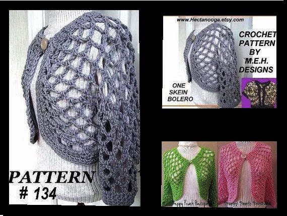 CROCHET PATTERN shrug, num. 134 One Skein Open Weave Shrug/Bolero..Make it long or short sleeve...size s, m, l, and x-large...