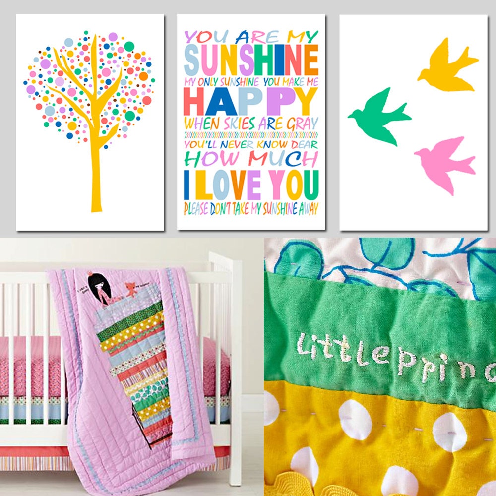 Modern Sunshine Trio - Set of Three 11x17 Prints - Tree Dot, Baby Birds. You Are My Sunshine - Land of Nod Princess and the Pea Bedding