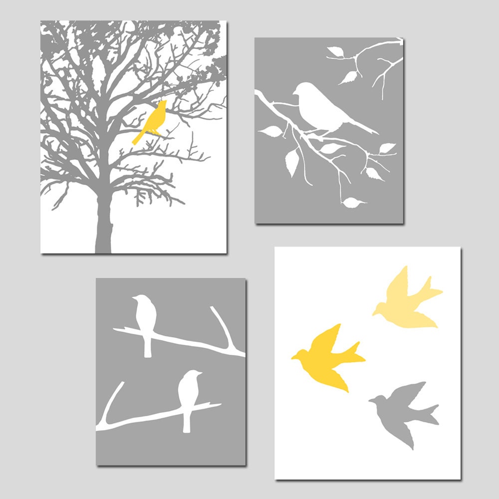 Bird Quad - Set of Four Prints - 11x14 and 8x10 Mix - Modern Wall Art - Choose Your Colors - Shown in Gray, White, and Yellow