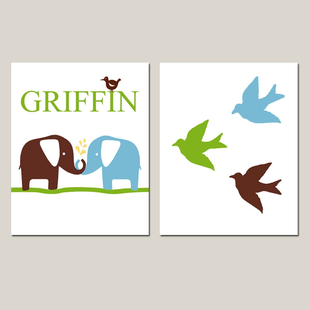 Elephant Love and Baby Birds - Set of Two 8x10 Personalized Prints - Custom Name - Nursery Art - Choose Your Colors