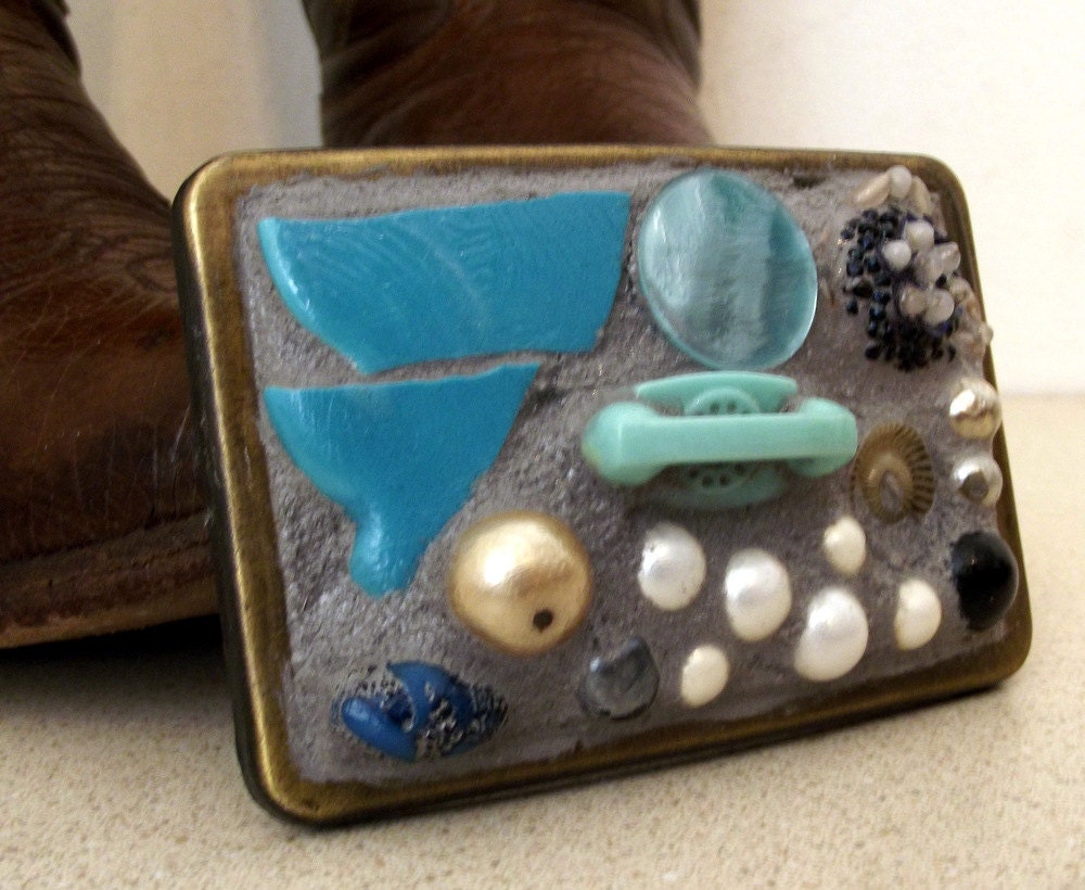 Mosaic Assemblage wearable art - Oh So Blue - one of a kind belt buckle