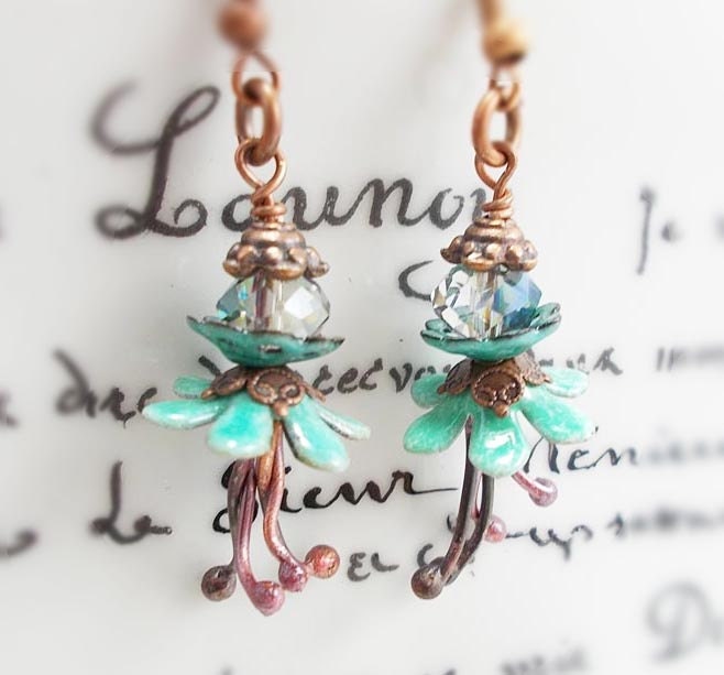 Pixie Flower torch fired glass enamel earrings turquoise