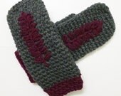 Soft and Cozy 100% Wool Mittens in Oxford Gray and Berry - Hand Crocheted and Embroidered