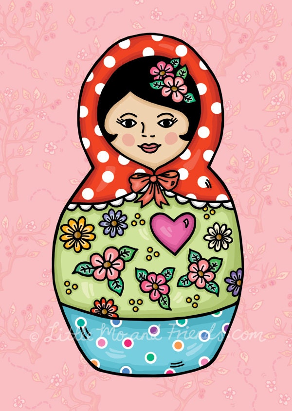 Classic Babushka Mo Art Print - 5 x 7 inches by Helena Tay, hand drawn matryoshka doll with flowers