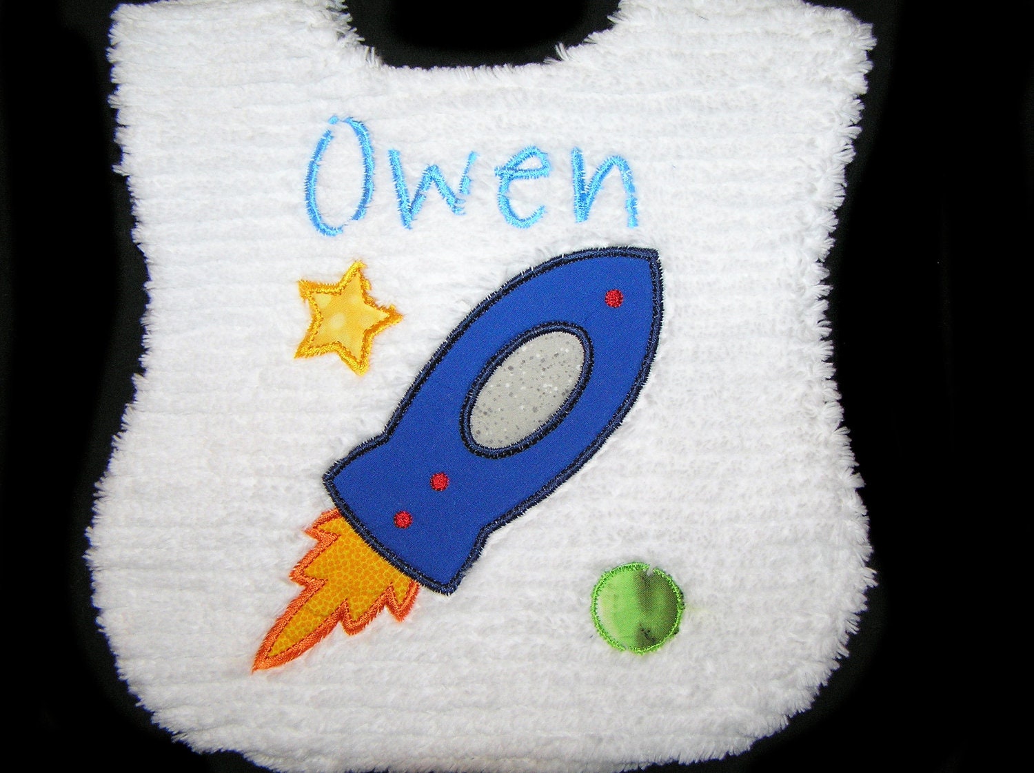 Personalized Baby Bib - Appliqued Rocket - White Chenille - Reversible - Blast Off