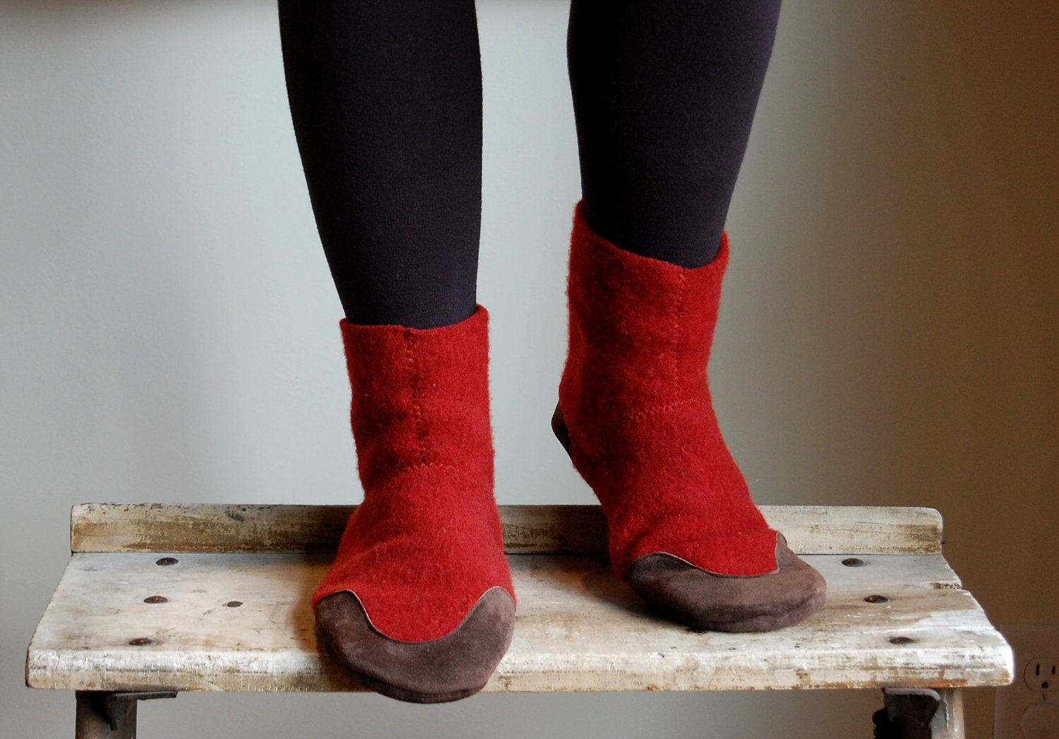 Wool Slippers made from Reclaimed Materials, women size 9.5, men size 11.5, Red Rover