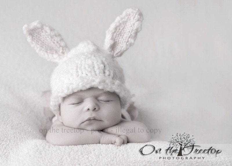Bunny Hat and Diaper Cover SET, Bunny Hat with White and Off White/Cream Bunny Ears and Diaper Cover with Pompom Tail Photography Prop