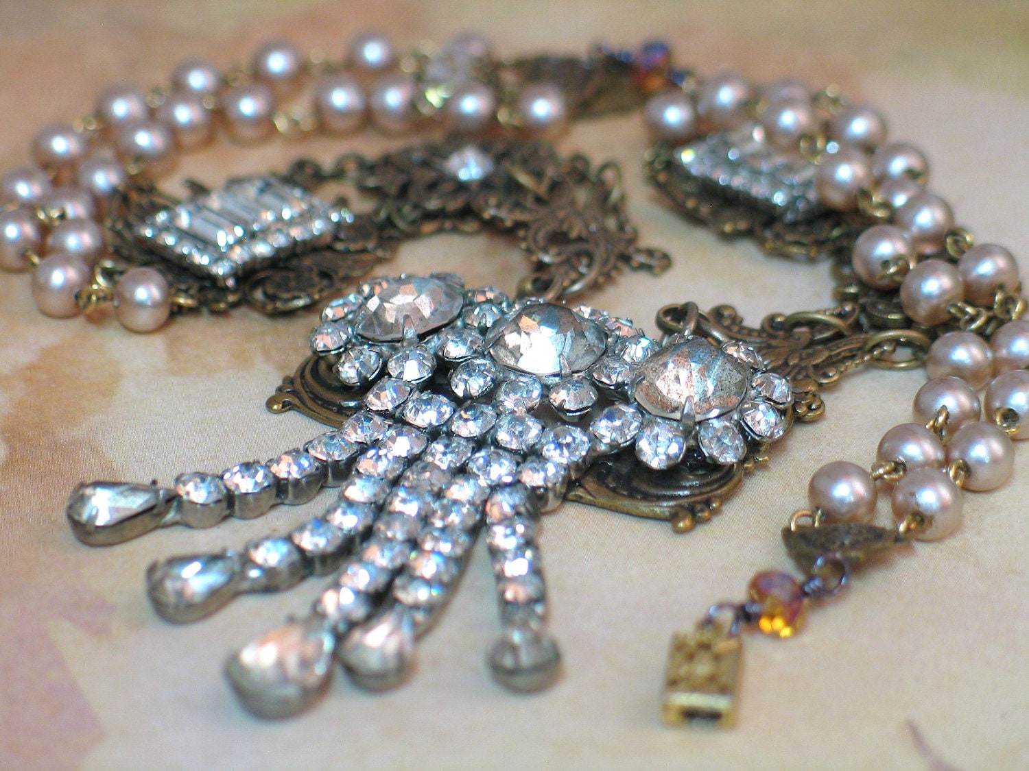 Calliope - Vintage assemblage necklace with antique paste brooch and vintage pearl chain - by Lorelei Designs