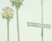Santa Monica, Street Sign, Palm Trees, Pastels, Girls Room, California Photography- Welcome to Santa Monica (8x10) Fine Art Print