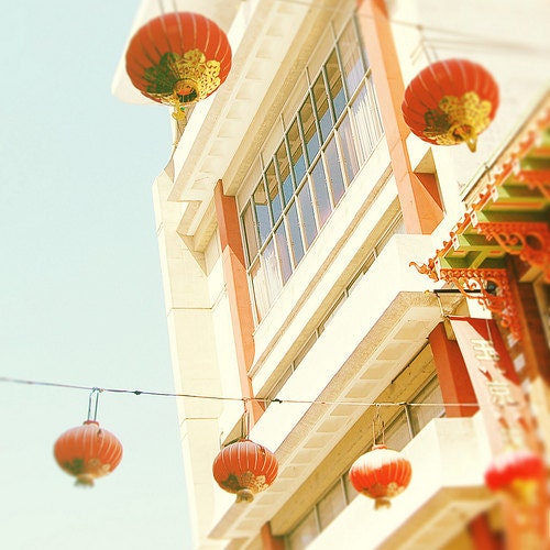Lanterns, China Town, San Francisco Photography, Red, Pastels, Summer, Strings, Shabby Decor - Summer in China (8x8) FIne Art Print