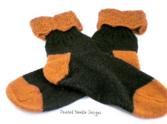 Socks - Hand Knit Women's Black Socks with Pumpkin Accents