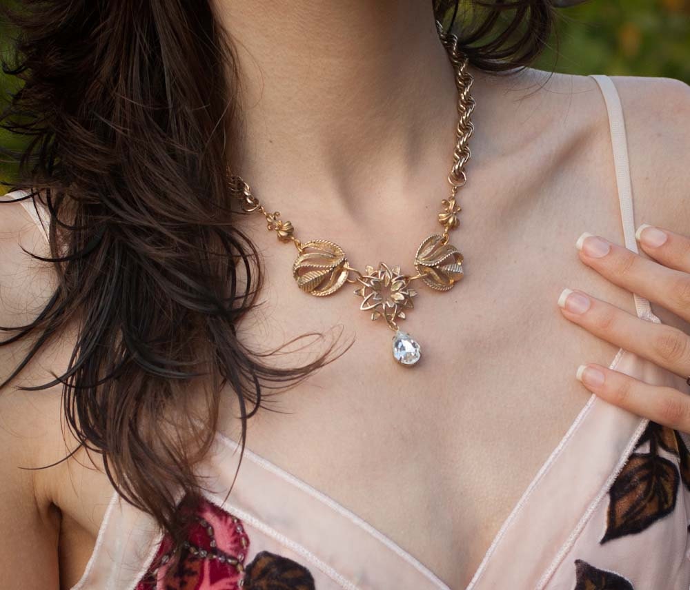 Bridal Necklace - Gold Chain with Crystal Drop - Romantic Estate Style - Antique Look - Rhinestone and Golden Filigree