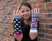 Youth Arm Warmers, polka dot, child fingerless gloves, back to school, skull and cross bones, pink, black and white gloves, fall fashion