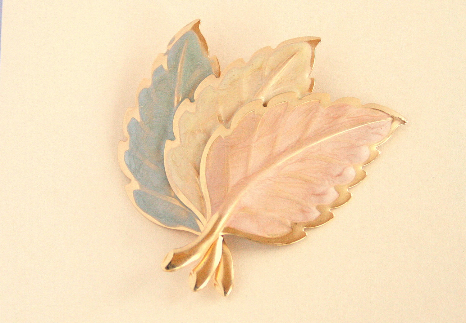 Vintage Leaf Brooch Enamel Gold Teal Green Cream Peach Pink Pin