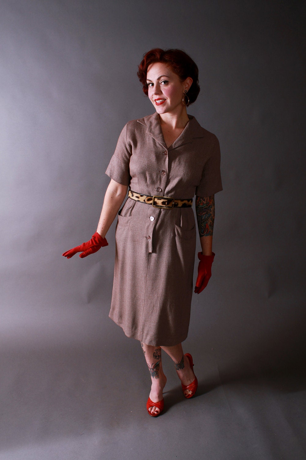 Vintage 1950s Dress - Smartsetter Taupe Cotton and Wool Day Dress
