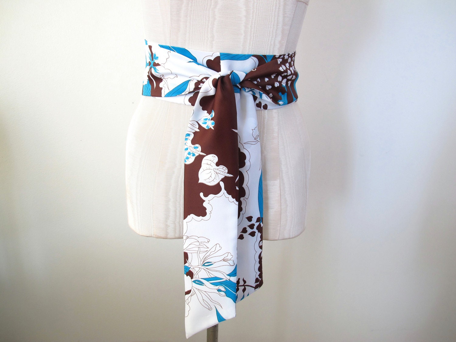 Obi Belt Brown Teal White Hawaiian Floral Retro Print Vintage Fabric by ccdoodle - made to order