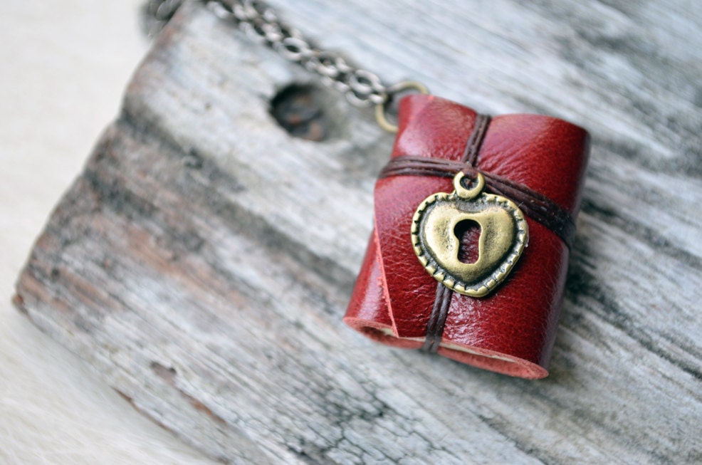 MiniatureBook Necklace Lock Heart & Maroon Color leather