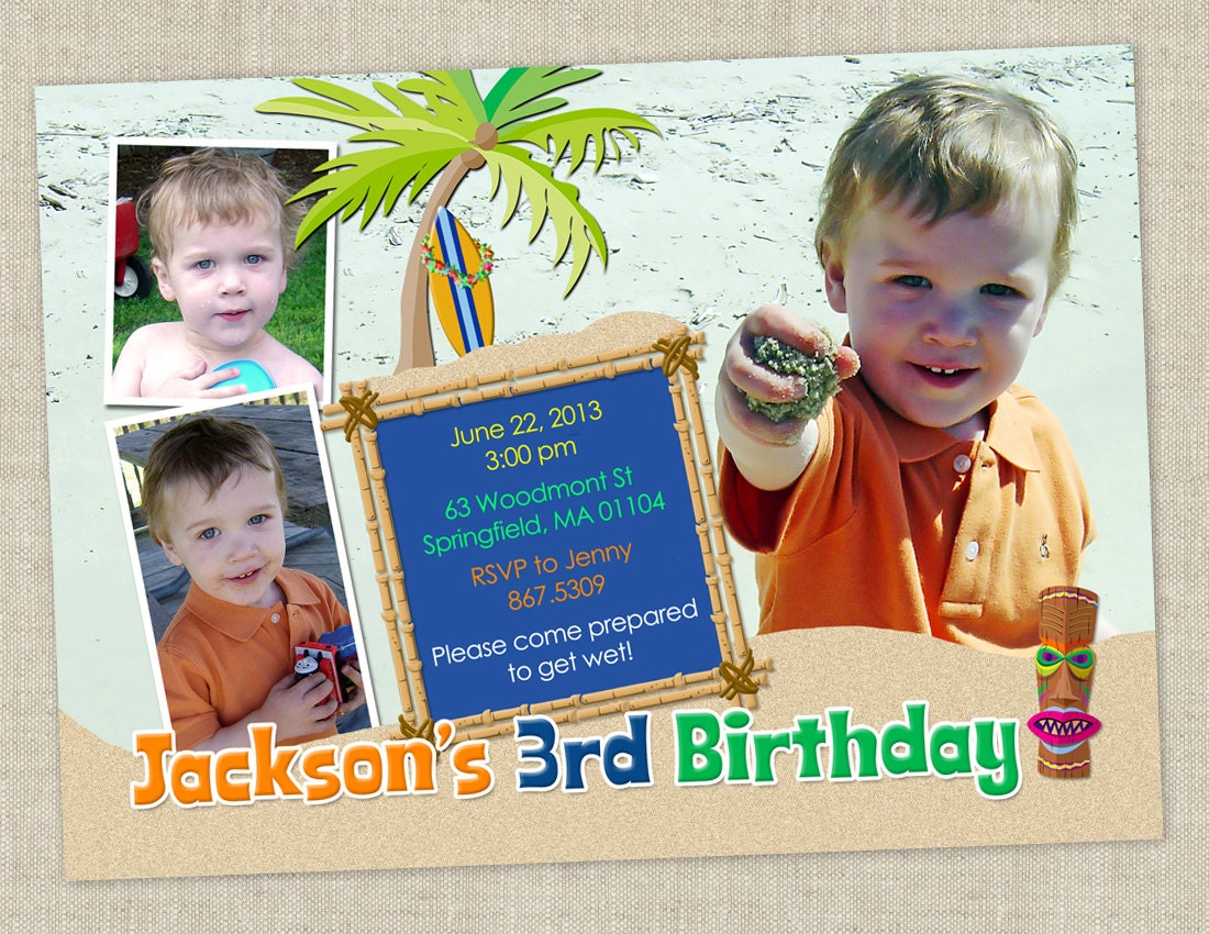 Luau Boy Birthday Party Invitation - Hawaii Invite with Surfboard, Palm Tree, Sand, Pool (Printable Digital File)