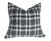 Wool Plaid Throw Pillows, Pinwheel Plaid, Black Dark Gray Grey Cream Textured, Decorative Cushion Covers, Winter Home Decor, Oblong 16x18 - PillowThrowDecor