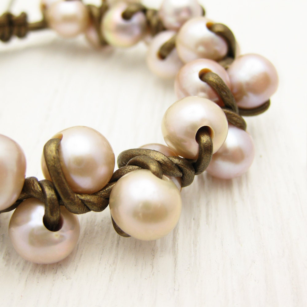 Pearls & Gold Eco Friendly Leather Bracelet / soft romantic pink blush fresh water pearl / golden metallic eco friendly / june birthstone