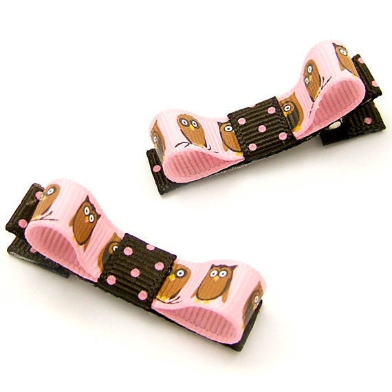 Pink Owl Tuxedo Bows, Owl Hair Clips for Baby Girls Toddlers Pink Brown Polka Dots Woodland Kawaii