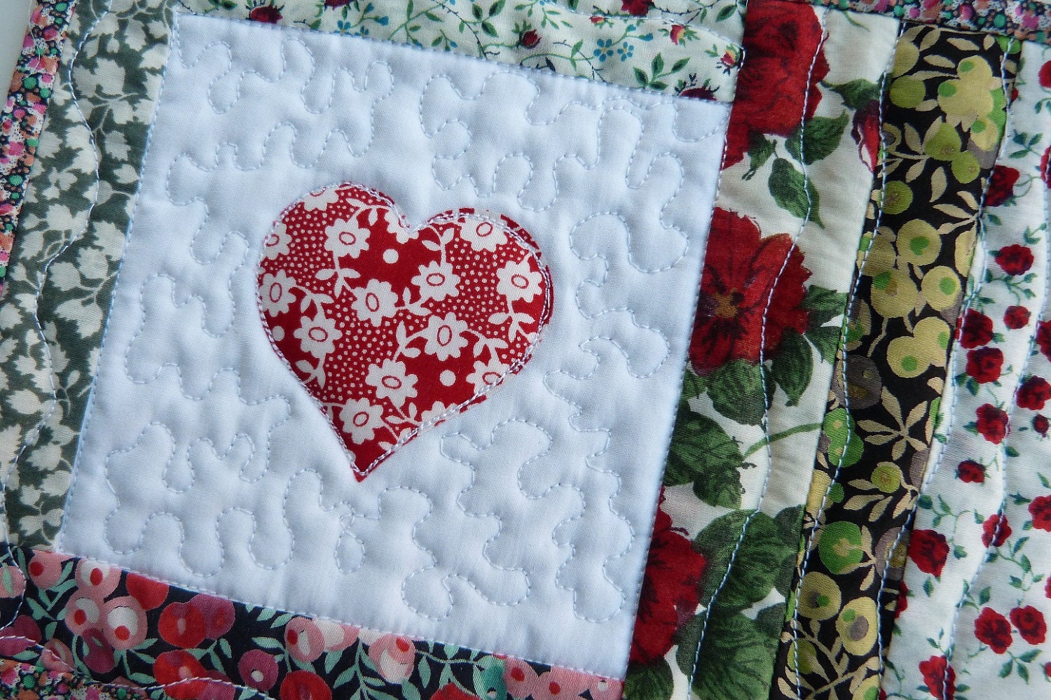 SWEETHEART MUG RUG - Liberty fabric Mug Rug  with heart applique - Red and green Liberty of London tana lawn coaster.