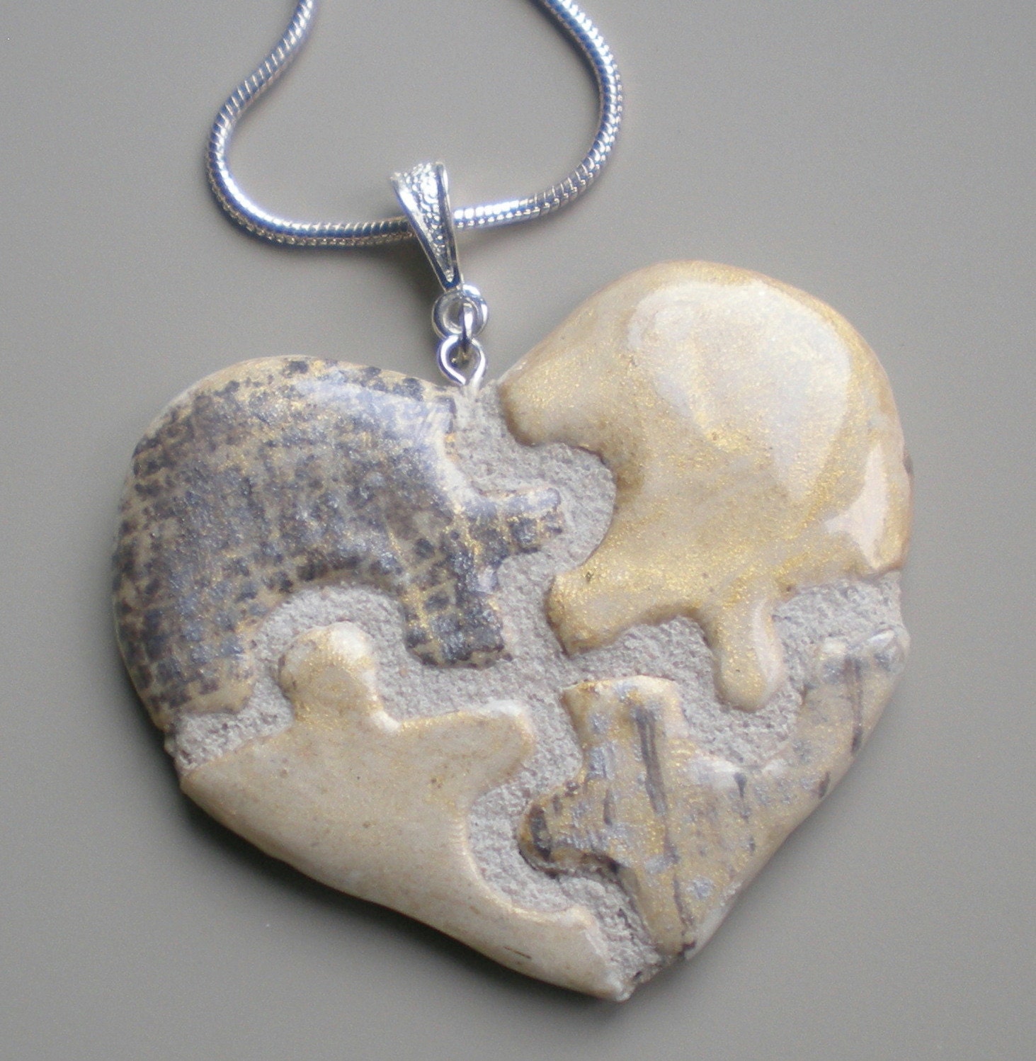 Puzzle Piece Heart Necklace Silver and Gold Clay REVERSIBLE