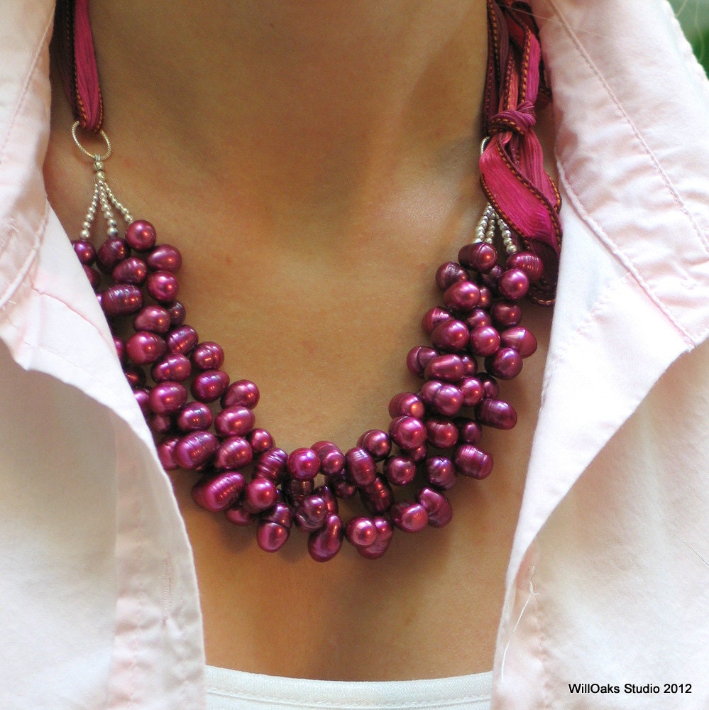 For Mom a Fuchsia Pink Pearl Bib, READY TO SHIP, Multistrand Bib Pearl Statement on Hand Painted Silk, Bright Color Jewelry