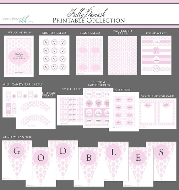 FRILLY DAMASK Printable Party Decor Package - Girl Il_570xn