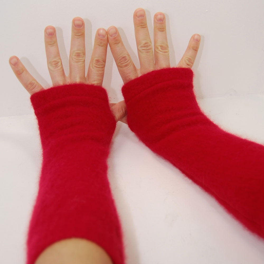 Arm Warmers in Festive Red - Recycled Lambswool Angora - Fingerless Gloves Mitts