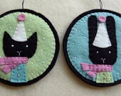 Set of Two Viola the Cat and Bella the Bunny Wool Blend Felt Handmade Ornaments