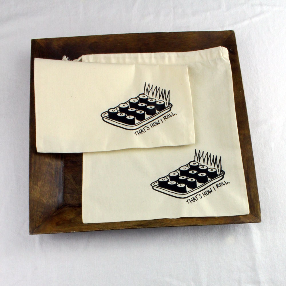 set of 2 produce bags recycled cotton sushi that's how I roll print screen printed with black ink