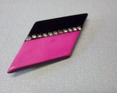 Vintage Brooch Black Pink Rhinestone Kite Shaped 1950s Costume Jewelry