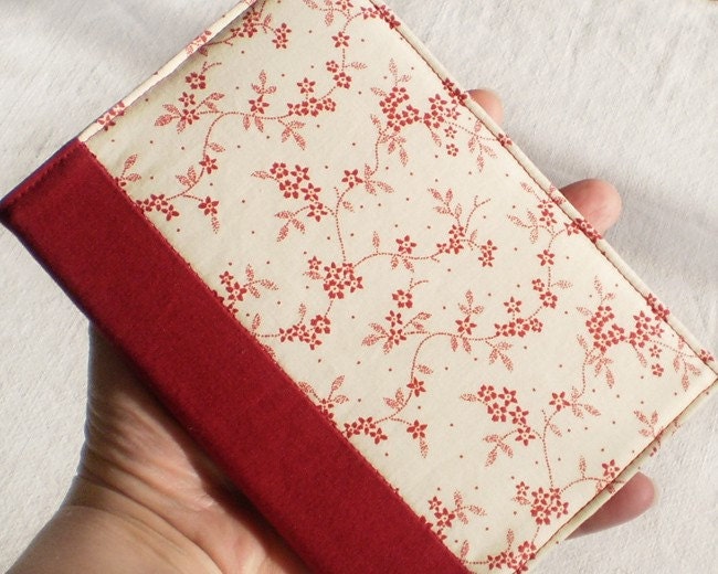 Fabric Journal Cover - Red Cherry Blossom - Handmade Fabric Covered A6 Notebook, Diary - Burgundy Japanese Flowers