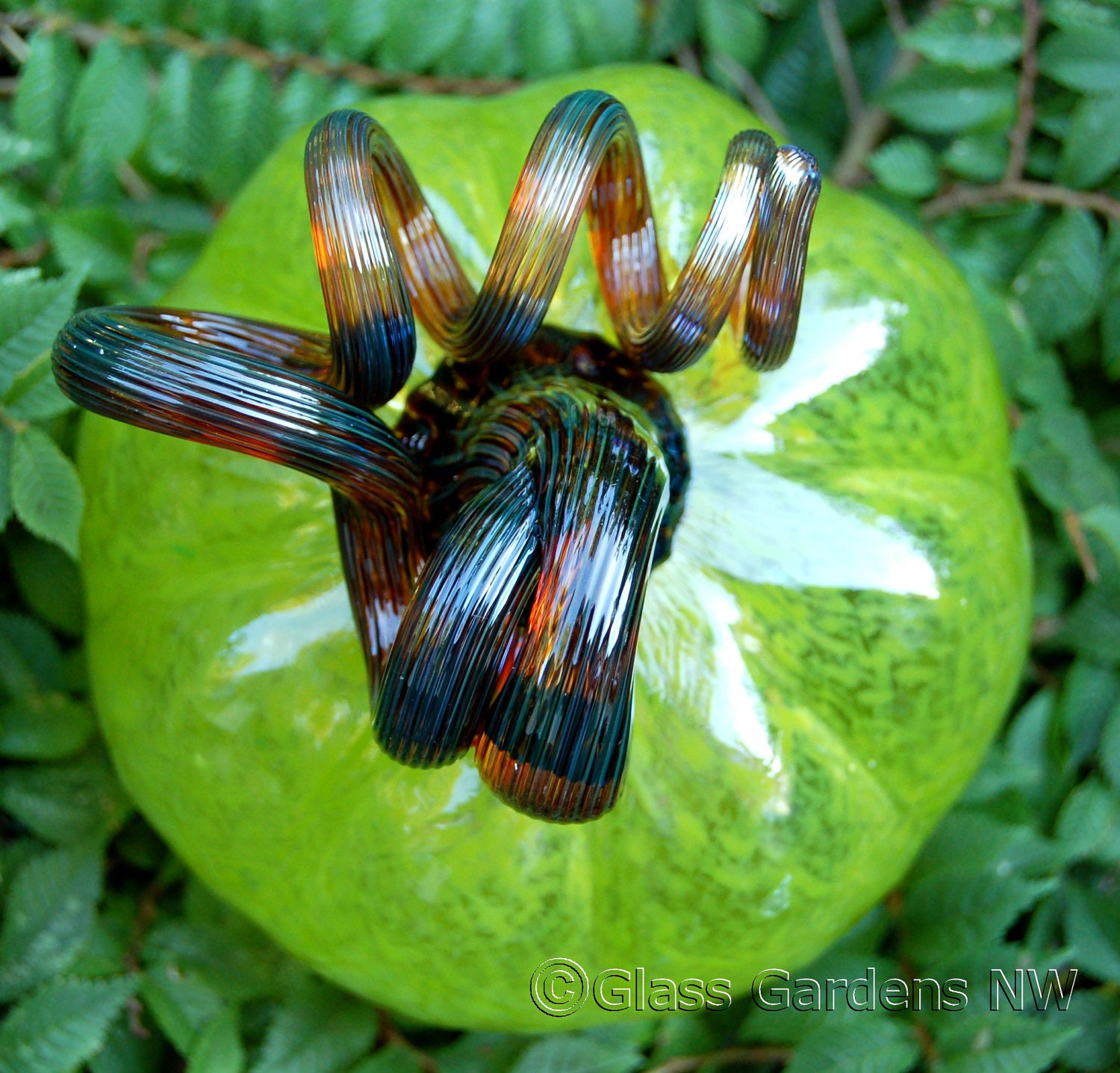 Small Halloween glass Pumpkin - Translucent Lime Green with Gold brown stem - glass garden art