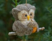 Needle Felted Owl Ornament - Holding Felted Acorn
