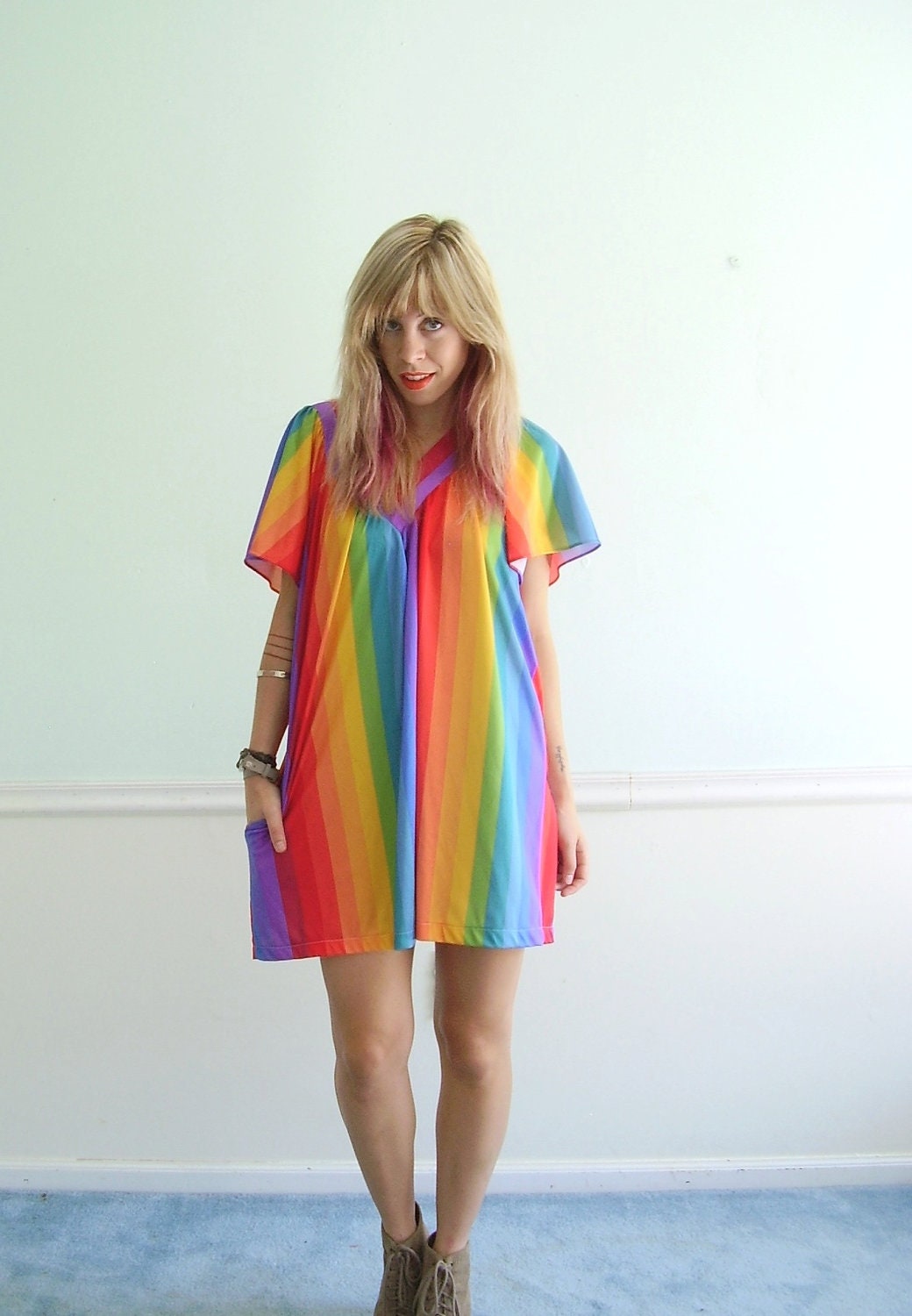 Rainbow Stripe Vintage 70s Mini Boho Tent Dress - MEDIUM PETITE M