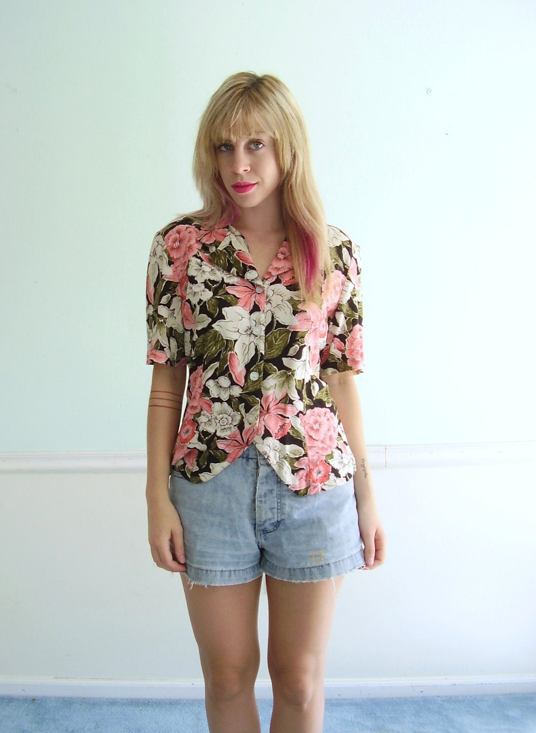 Pink Tropical Floral Print Crop Blouse Tee - Vintage 90s - Hawaiian - S M