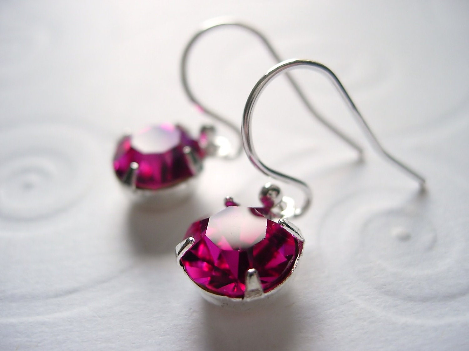Hot Pink Fuschia Magenta, Crystal Rhinestone Earrings, Sterling Silver Earwires, Round, Bridal, Bridesmaid, Simple, Sparkly