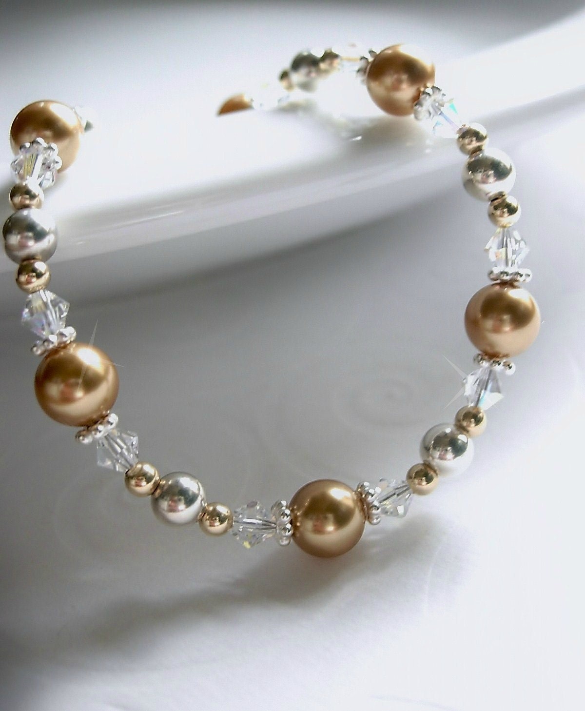 Swarovski Bright Gold Pearl, Clear Crystal, Sterling Silver and Gold Filled Bead Bracelet, Toggle Clasp