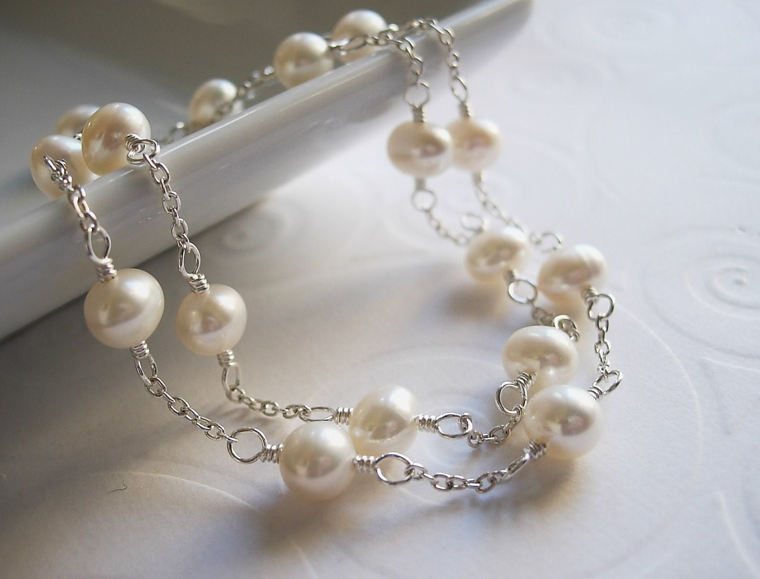 White Freshwater Pearl Bracelet, Double Strand, Sterling Silver Wire Wrapped, Bridal, Bridesmaid, Mother of the Bride, June Birthstone